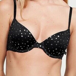 Victoria's Secret Lined Demi Bra, Black Silver Stars, Sz 34B